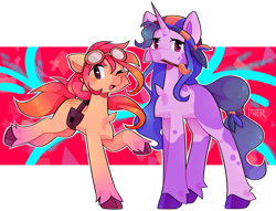 Size: 1280x978 | Tagged: safe, artist:tater, izzy moonbow, sunny starscout, earth pony, pony, unicorn, g5, abstract background, alternate design, bag, bandana, cheek fluff, concept art, duo, goggles, goggles on head, mouth hold, one eye closed, paintbrush, saddle bag