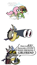 Size: 2400x4167 | Tagged: safe, artist:punkittdev, discord, fluttershy, tree hugger, earth pony, pegasus, pony, g4, make new friends but keep discord, angry, binoculars, comic, crosshair, dialogue, discord is not amused, dudeweed, female, high, high res, implied drug use, jealous, lesbian, male, ship:flutterhugger, shipping, simple background, speech bubble, stoned, tree stoner, trio, unamused, white background, yanderecord