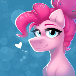 Size: 2048x2048 | Tagged: safe, artist:rtootb, pinkie pie, earth pony, pony, g4, the last problem, alternate hairstyle, blue eyes, blushing, digital art, female, floating heart, heart, high res, looking at you, mare, original art, pink hair, pink mane, ponytail, smiling, smiling at you, solo