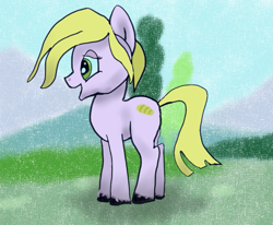 Size: 797x658 | Tagged: safe, artist:kujivunia, oc, oc:laventeli leipa, earth pony, pony, field, green eyes, happy, shading, shadow, side view, smiling, solo, tree