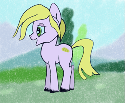 Size: 815x667 | Tagged: safe, artist:kujivunia, edit, oc, oc:laventeli leipa, earth pony, pony, field, green eyes, happy, no shading, side view, smiling, solo, tree