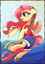 Size: 2480x3508 | Tagged: safe, artist:solid shrimp, fluttershy, pegasus, pony, g4, badass, clothes, cosplay, costume, crossover, flutterbadass, flying, hat, high res, monkey d. luffy, ocean, one piece, shorts, solo, vest, water, wings