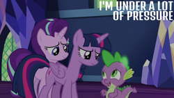 Size: 1920x1080 | Tagged: safe, edit, edited screencap, editor:quoterific, screencap, spike, starlight glimmer, twilight sparkle, alicorn, dragon, pony, unicorn, g4, triple threat, concerned, glowing spines, looking at each other, looking at someone, nervous, trio, twilight sparkle (alicorn), twilight's castle