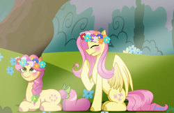 Size: 2532x1640 | Tagged: safe, artist:snowflakefrostyt, fluttershy, posey bloom, earth pony, pegasus, pony, g4, g5, eyes closed, floral head wreath, flower, generation leap, lying down, prone