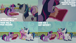 Size: 2000x1125 | Tagged: safe, edit, edited screencap, editor:quoterific, screencap, princess cadance, shining armor, twilight sparkle, alicorn, pony, unicorn, g4, season 3, the crystal empire, book, brother and sister, colored wings, female, folded wings, frown, glowing, glowing horn, gradient wings, horn, horn crystals, magic, magic aura, magic suppression, male, mare, open mouth, siblings, stallion, talking, teeth, telekinesis, trio, unicorn twilight, wings