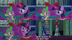 Size: 2000x1125 | Tagged: safe, edit, edited screencap, editor:quoterific, screencap, spike, twilight sparkle, alicorn, dragon, pony, a hearth's warming tail, g4, book, couch, female, male, mare, twilight sparkle (alicorn), twilight's castle