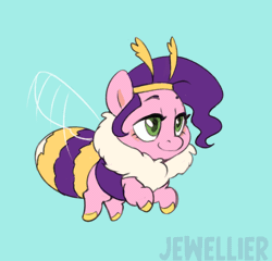 Size: 1200x1152 | Tagged: safe, alternate version, artist:jewellier, pipp petals, bee, bee pony, bumblebee, hybrid, original species, g5, adorapipp, animated, antennae, blue background, bumblebipp, chest fluff, cute, female, flying, gif, insect wings, looking forward, mare, pipp is short, pipp is smol, relaxed, simple background, solo, species swap, wings