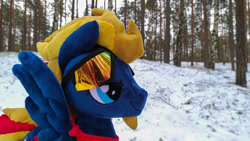 Size: 1191x671 | Tagged: safe, artist:mgrdash, oc, oc only, pegasus, pony, forest, irl, maker:adamar44, nature, photo, plushie, ponies in real life, snow, solo, sunglasses, tree, winter