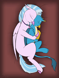 Size: 1397x1840 | Tagged: safe, artist:somber, gallus, silverstream, griffon, hippogriff, g4, cuddling, cute, diastreamies, duo, female, gallabetes, hug, larger female, looking right, male, older, older gallus, older silverstream, ship:gallstream, shipping, size difference, snuggling, spooning, straight