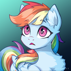 Size: 2000x2000 | Tagged: safe, artist:inowiseei, rainbow dash, pegasus, pony, g4, chest fluff, cute, dashabetes, ear fluff, eyebrows, eyebrows visible through hair, female, folded wings, gradient background, high res, mare, open mouth, signature, solo, wings