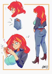 Size: 1400x2000 | Tagged: safe, artist:sozglitch, sunset shimmer, human, g4, ass, boots, breasts, bunset shimmer, busty sunset shimmer, butt, cellphone, clothes, denim, female, heart, high heel boots, humanized, jeans, pants, phone, rear view, shoes, smartphone, smiling, solo, standing