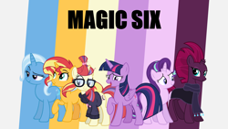 Size: 2000x1125 | Tagged: safe, editor:quoterific, moondancer, starlight glimmer, sunset shimmer, tempest shadow, trixie, twilight sparkle, alicorn, pony, unicorn, g4, broken horn, clothes, counterparts, glasses, horn, robe, scarf, sweater, twilight sparkle (alicorn), twilight's counterparts