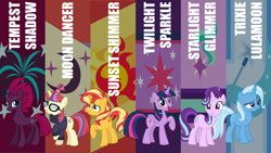 Size: 2000x1125 | Tagged: safe, editor:quoterific, moondancer, starlight glimmer, sunset shimmer, tempest shadow, trixie, twilight sparkle, alicorn, pony, g4, counterparts, twilight sparkle (alicorn), twilight's counterparts