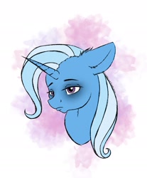 Size: 1800x2175 | Tagged: safe, artist:sweetpea-and-friends, trixie, pony, unicorn, g4, bags under eyes, bust, ear fluff, eyebrows, eyelashes, female, floppy ears, frown, horn, mare, simple background, solo, white background