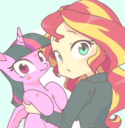 Size: 1910x1950 | Tagged: safe, artist:cheesesauce_45, sunset shimmer, twilight sparkle, alicorn, human, pony, equestria girls, g4, duo, female, holding a pony, human and pony, kiss mark, lesbian, lipstick, looking at you, ship:sunsetsparkle, shipping, twilight sparkle (alicorn)