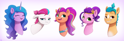 Size: 2830x944 | Tagged: safe, artist:luminousdazzle, hitch trailblazer, izzy moonbow, pipp petals, sunny starscout, zipp storm, earth pony, pegasus, pony, unicorn, g5, my little pony: make your mark, :p, adorapipp, adorazipp, alternate hairstyle, annoyed, blaze (coat marking), bust, coat markings, cute, diadem, eyes closed, facial markings, female, fluttershy's cutie mark, frown, grin, happy, headband, jewelry, male, mane five, mane stripe sunny, mare, one of these things is not like the others, open mouth, pale belly, ponytail, portrait, rainbow dash's cutie mark, regalia, royal sisters (g5), siblings, simple background, sisters, smiling, stallion, tiara, tongue out, twilight sparkle's cutie mark, unamused, wall of tags, white background, zipp storm is not amused