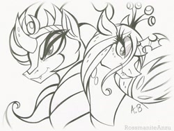 Size: 2085x1577 | Tagged: safe, artist:rossmaniteanzu, king sombra, queen chrysalis, changeling, changeling queen, pony, unicorn, g4, duo, female, lineart, male, pencil drawing, ship:chrysombra, shipping, straight, traditional art