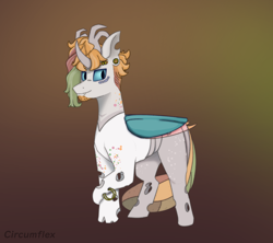 Size: 1800x1600 | Tagged: oc name needed, safe, artist:circumflexs, oc, oc only, changeling, pony, gradient background, horns, jewelry, light skin, piercing, ring, solo