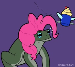 Size: 1500x1350 | Tagged: safe, artist:unitxxvii, pinkie pie, toad, g4, cupcake, female, food, not salmon, purple background, simple background, solo, species swap, wat