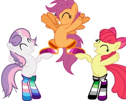 Size: 946x758 | Tagged: artist needed, source needed, safe, apple bloom, scootaloo, sweetie belle, earth pony, pegasus, pony, unicorn, g4, apple bloom's bow, aromantic pride flag, asexual pride flag, bipedal, bow, clothes, cutie mark crusaders, eyes closed, female, gay pride flag, hair bow, lesbian pride flag, male, older, older apple bloom, older cmc, older scootaloo, older sweetie belle, pride, pride flag, pride socks, simple background, socks, stallion, standing on two hooves, striped socks, trans male, trans stallion sweetie belle, transgender, transgender pride flag, trio, white background