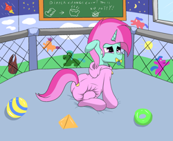 Size: 2200x1800 | Tagged: safe, artist:amateur-draw, oc, oc only, oc:belle boue, pony, unicorn, adult diaper, adult foal, ball, bench, chalkboard, clothes, cute, diaper, diaper fetish, diaper under clothes, fetish, footed sleeper, footie pajamas, male, marker (dead space), non-baby in diaper, onesie, pacifier, pajamas, playpen, poofy diaper, solo, stallion, toy