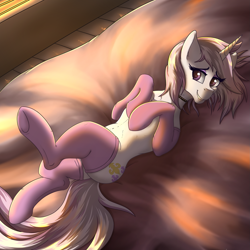 Size: 2223x2223 | Tagged: safe, artist:crimsonwolf360, fleur-de-lis, pony, unicorn, g4, bed, bedroom eyes, belly, butt, clothes, collar, high res, lidded eyes, looking at you, lying down, on back, on bed, plot, socks, solo