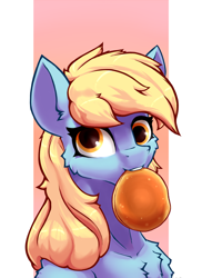 Size: 1700x2330 | Tagged: safe, artist:hc0, derpy hooves, pegasus, pony, g4, abstract background, bust, food, mouth hold, pancakes, portrait, solo