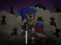 Size: 2000x1500 | Tagged: safe, artist:move, oc, oc only, oc:lightning bolt, pony, unicorn, clothes, death stare, group, leader, lore, male, ominous, ponytail, red eyes, silhouette, stallion, sword, weapon, younger