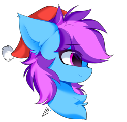 Size: 3180x3040 | Tagged: safe, artist:lunylin, oc, oc only, oc:nohra, earth pony, pony, breath, chest fluff, christmas, ear fluff, earth pony oc, eyebrows, eyebrows visible through hair, female, floppy ears, fluffy, half body, hat, high res, holiday, mare, profile, santa hat, simple background, smiling, solo, two toned mane, white background