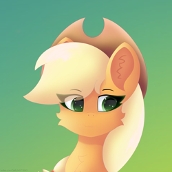 Size: 3500x3500 | Tagged: safe, artist:gaffy, applejack, earth pony, pony, g4, bust, ear fluff, gradient background, high res, portrait, smiling, solo