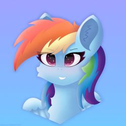 Size: 3500x3500 | Tagged: safe, artist:gaffy, rainbow dash, pegasus, pony, g4, bust, ear fluff, gradient background, high res, portrait, smiling, solo, wings