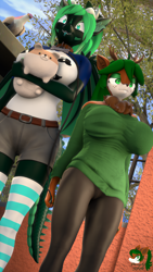 Size: 2160x3840 | Tagged: safe, artist:donglysfm, oc, oc:emerald dusk, oc:tea tree, bird, deer, dragon, pigeon, anthro, 3d, :p, antlers, big breasts, breasts, bucktooth, clothes, collar, deer oc, dog collar, duo, duo female, ear fluff, female, high res, horns, leash, milf, neck fluff, non-pony oc, outdoors, plushie, revamped anthros, sharp teeth, size difference, socks, source filmmaker, striped socks, sweater, sweater puppies, teeth, thigh highs, tongue out
