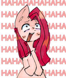 Size: 638x753 | Tagged: safe, artist:katotako, derpibooru exclusive, pinkie pie, earth pony, pony, g4, bags under eyes, ear fluff, insanity, laughing, laughing mad, pinkamena diane pie, solo