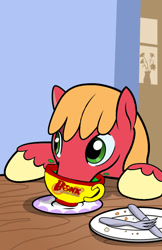 Size: 663x1024 | Tagged: safe, anonymous editor, artist:muffinshire, edit, big macintosh, earth pony, pony, g4, /mlp/ tf2 general, bomb ass tea, bonk atomic punch, character swap, cup, flower, flower pot, fork, knife, male, saucer, solo, stallion, table, teacup, team fortress 2, wood