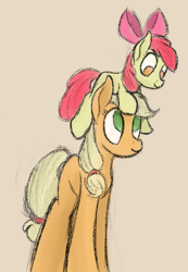 Size: 615x891 | Tagged: safe, artist:ahorseofcourse, apple bloom, applejack, earth pony, pony, g4, adorabloom, apple bloom riding applejack, apple bloom riding big macintosh, apple sisters, cute, duo, female, filly, foal, jackabetes, looking right, mare, ponies riding ponies, pony hat, riding, siblings, simple background, sisters
