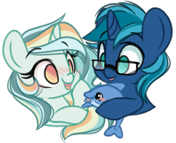 Size: 2144x1731 | Tagged: safe, artist:emberslament, oc, oc only, oc:sea sprint, dolphin, pony, unicorn, chibi, female, glasses, male, mare, simple background, stallion, transparent background