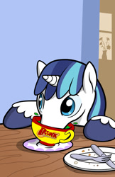 Size: 663x1024 | Tagged: safe, anonymous editor, artist:muffinshire, edit, shining armor, pony, unicorn, g4, /mlp/ tf2 general, bomb ass tea, bonk atomic punch, cropped, cute, flower, flower pot, fork, knife, male, plate, saucer, shining adorable, solo, stallion, table, team fortress 2, window, wood