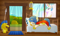 Size: 1200x724 | Tagged: safe, artist:jennieoo, princess celestia, oc, oc:evertrue, alicorn, pony, unicorn, g4, bed, broken horn, commission, concerning, crepuscular rays, forest, guard, helmet, horn, lantern, royal guard, show accurate, sleeping, smiling, spear, weapon