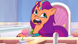 Size: 2048x1152 | Tagged: safe, screencap, sunny starscout, earth pony, pony, g5, my little pony: tell your tale, nightmare roommate, spoiler:g5, spoiler:my little pony: tell your tale, spoiler:tyts01e04, bathroom, female, mane stripe sunny, mare, sink, solo, tired eyes