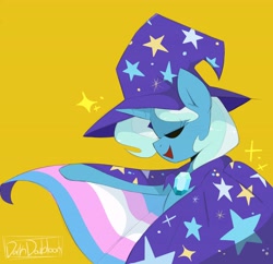 Size: 5500x5330 | Tagged: safe, artist:darkdoubloon, trixie, pony, unicorn, g4, cape, clothes, eyes closed, hat, pride, pride flag, simple background, solo, trans trixie, transgender, transgender pride flag, trixie's cape, trixie's hat, yellow background