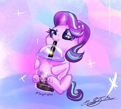 Size: 2179x1951 | Tagged: safe, artist:staceyld636, starlight glimmer, pony, unicorn, g4, bubble tea, chibi, cute, drink, drinking, drinking straw, female, glimmerbetes, mare, sipping, smol, solo