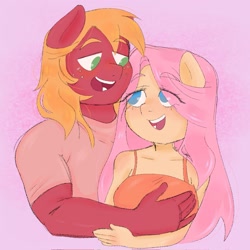 Size: 2045x2048 | Tagged: safe, alternate version, artist:jossie_jayjay, big macintosh, fluttershy, earth pony, pegasus, anthro, g4, breasts, busty fluttershy, eye clipping through hair, female, high res, looking at each other, looking at someone, male, mare, no pupils, ship:fluttermac, shipping, stallion, straight, textless version