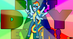 Size: 1988x1059 | Tagged: safe, artist:hentaiboy, rainbow dash, pegasus, anthro, unguligrade anthro, g4, 2011, arm hooves, breasts, clothes, female, looking up, open mouth, open smile, smiling, solo, spread wings, tail, tight clothing, uniform, wings, wonderbolts uniform
