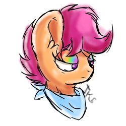 Size: 2048x2048 | Tagged: safe, artist:taeko, derpibooru exclusive, scootaloo, pegasus, pony, g4, 2023, bandana, bust, ear fluff, eyeshadow, female, filly, foal, frown, high res, looking offscreen, makeup, rainbow eyeshadow, signature, simple background, sketch, solo, white background