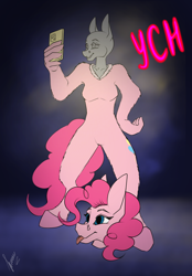 Size: 1640x2360 | Tagged: safe, artist:stirren, pinkie pie, earth pony, anthro, unguligrade anthro, g4, clothes, commission, cosplay, costume, disembodied head, fursuit, phone, ponysuit, pose, selfie, your character here