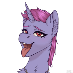 Size: 2048x2048 | Tagged: oc name needed, safe, artist:enderbee, pony, unicorn, bust, commission, ear fluff, female, high res, horn, jewelry, necklace, open mouth, portrait, red eyes, short hair, simple background, solo, tongue out, white background, ych result