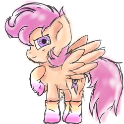 Size: 2048x2048 | Tagged: safe, artist:taeko, derpibooru exclusive, scootaloo, pegasus, pony, g4, 2023, alternate cutie mark, clothes, ear fluff, female, hand on chest, high res, lesbian pride flag, looking at you, pastel, pride, pride flag, raised hoof, signature, simple background, sketch, smiling, socks, solo, spread wings, standing, stockings, thigh highs, white background, wings