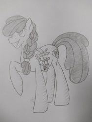 Size: 780x1040 | Tagged: safe, artist:thr3eguess3s, apple bloom, earth pony, pony, g4, alternate hairstyle, female, grin, hammer, mare, older, raised hoof, sketch, smiling, solo, toolbelt, traditional art, wrench