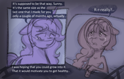 Size: 1107x705 | Tagged: safe, anonymous artist, izzy moonbow, sunny starscout, earth pony, pony, unicorn, series:anorexic sunny, g5, anorexia, bed, bracelet, braid, braided ponytail, crying, dialogue, duo, emaciated, female, floppy ears, hospital bed, jewelry, mare, ponytail, sad, skinny, thin