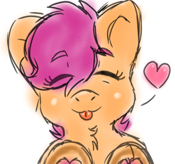 Size: 2048x1908 | Tagged: safe, artist:taeko, derpibooru exclusive, scootaloo, pegasus, pony, g4, 2023, :p, chest fluff, cute, cutealoo, eye clipping through hair, eyebrows, eyebrows visible through hair, eyelashes, eyes closed, female, filly, floating heart, foal, frog (hoof), heart, leaning on the fourth wall, simple background, sketch, smiling, solo, tongue out, underhoof, white background